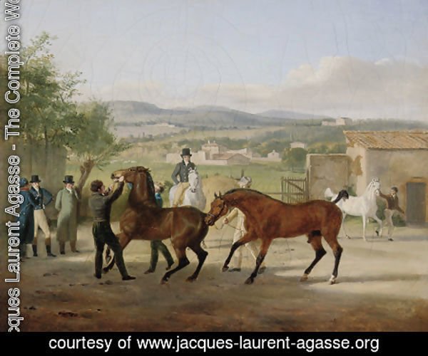 A stallion being led to a mare in a stable yard, a landscape with villas beyond