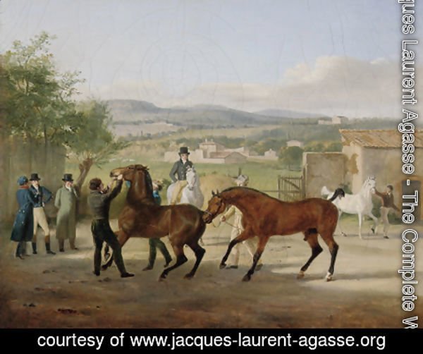 Jacques Laurent Agasse - A stallion being led to a mare in a stable yard, a landscape with villas beyond