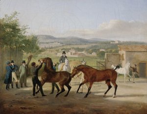 A stallion being led to a mare in a stable yard, a landscape with villas beyond
